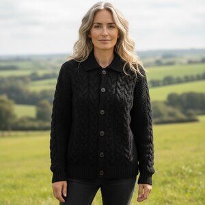 Peregrine Black 100% Wool Cable Knit Chunky Cardigan Fisherman Sweater Size L